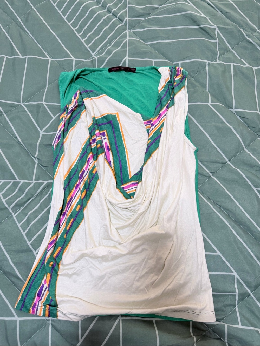 Sleeveless Draped Tank Top in Teal & White